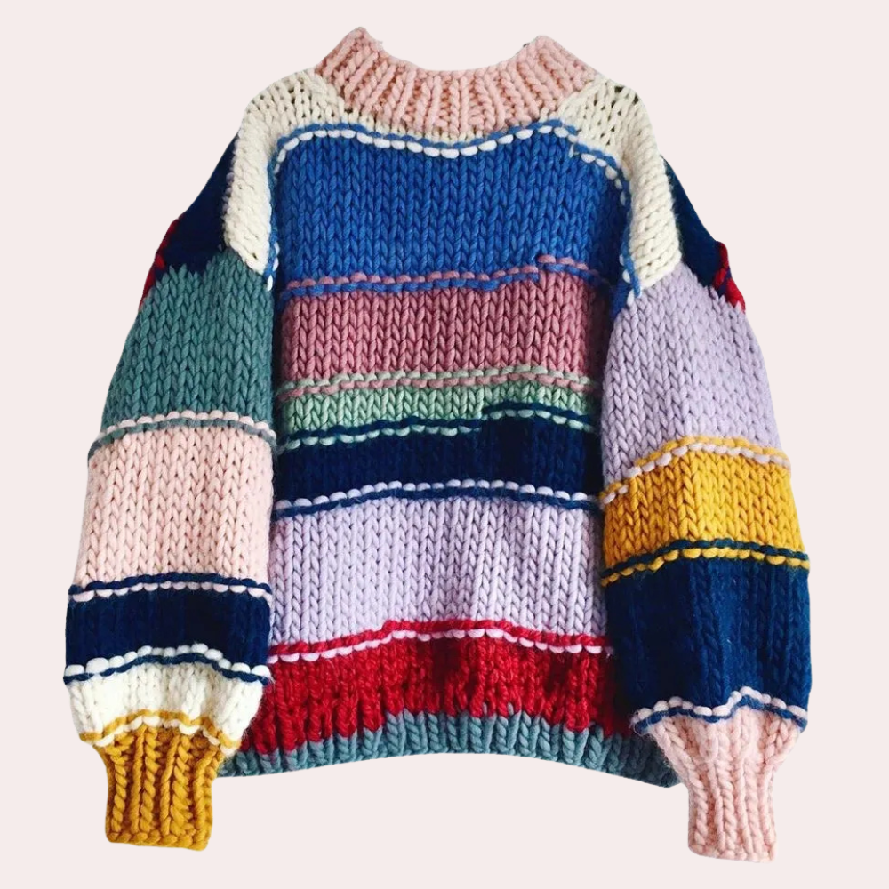Kleurrijke gebreide trui met strepen, handgemaakt, unisex, oversized, wintermode, warme wollen trui, modetrend, duurzame kleding.