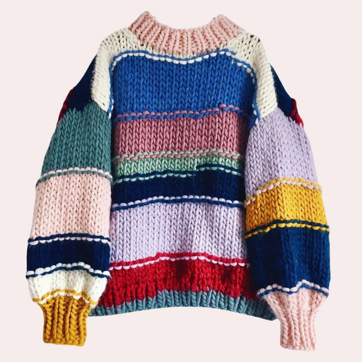 Kleurrijke gebreide trui met strepen, handgemaakt, unisex, oversized, wintermode, warme wollen trui, modetrend, duurzame kleding.