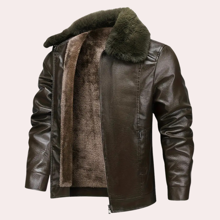Donkerbruine leren jas met bontkraag en voering, herenmode, winterjas, stijlvolle warme bovenkleding, ritsdetails, casual en elegant ontwerp.