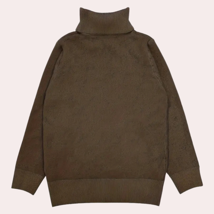Bruine coltrui met ribgebreide boorden, lange mouwen en een comfortabele pasvorm. Perfect voor herfst- en wintermode. Unisex trui, warme kleding.