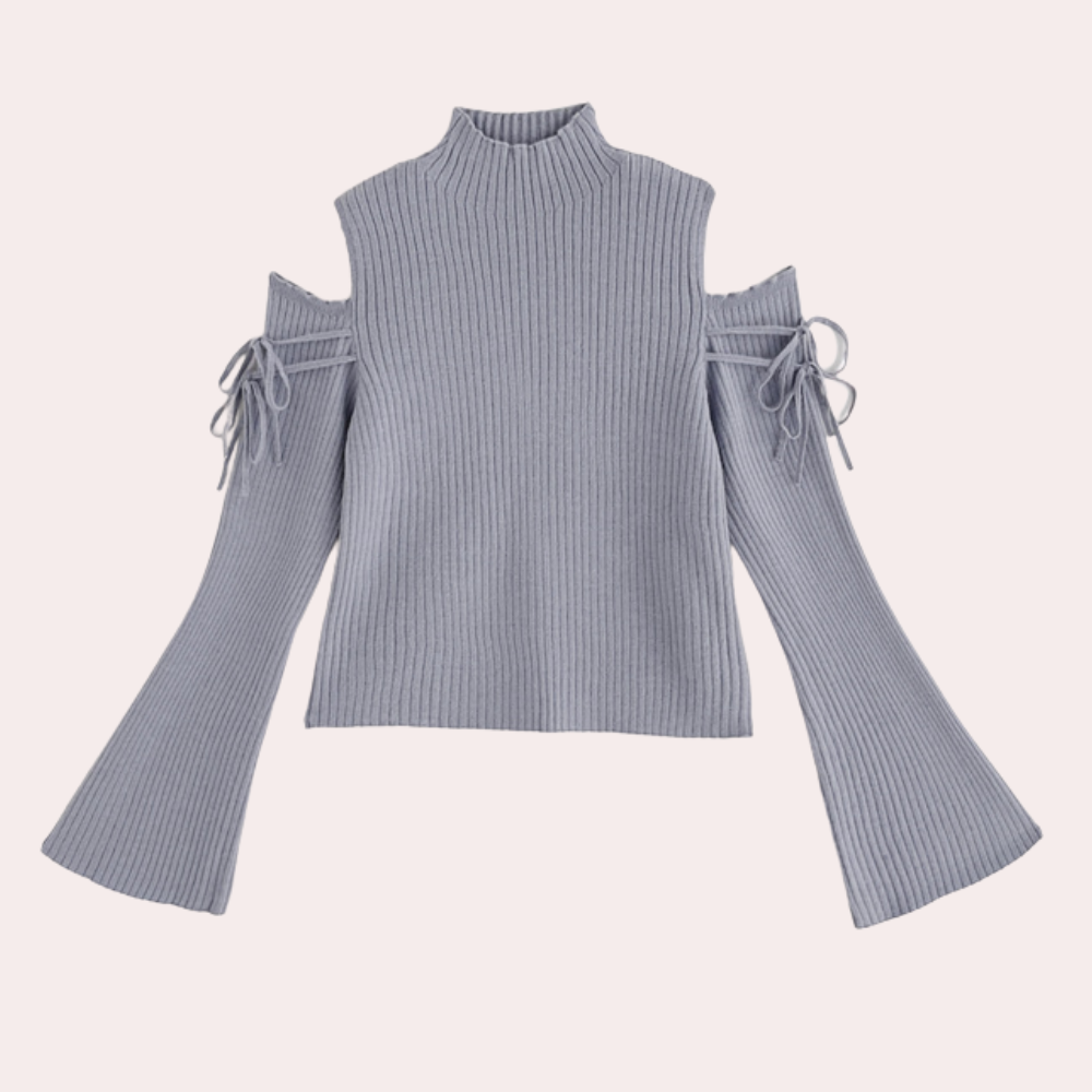 Grijze gebreide trui met open schouders en wijde mouwen, damesmode, trendy herfstkleding, stijlvolle casual outfit, comfortabele pasvorm.