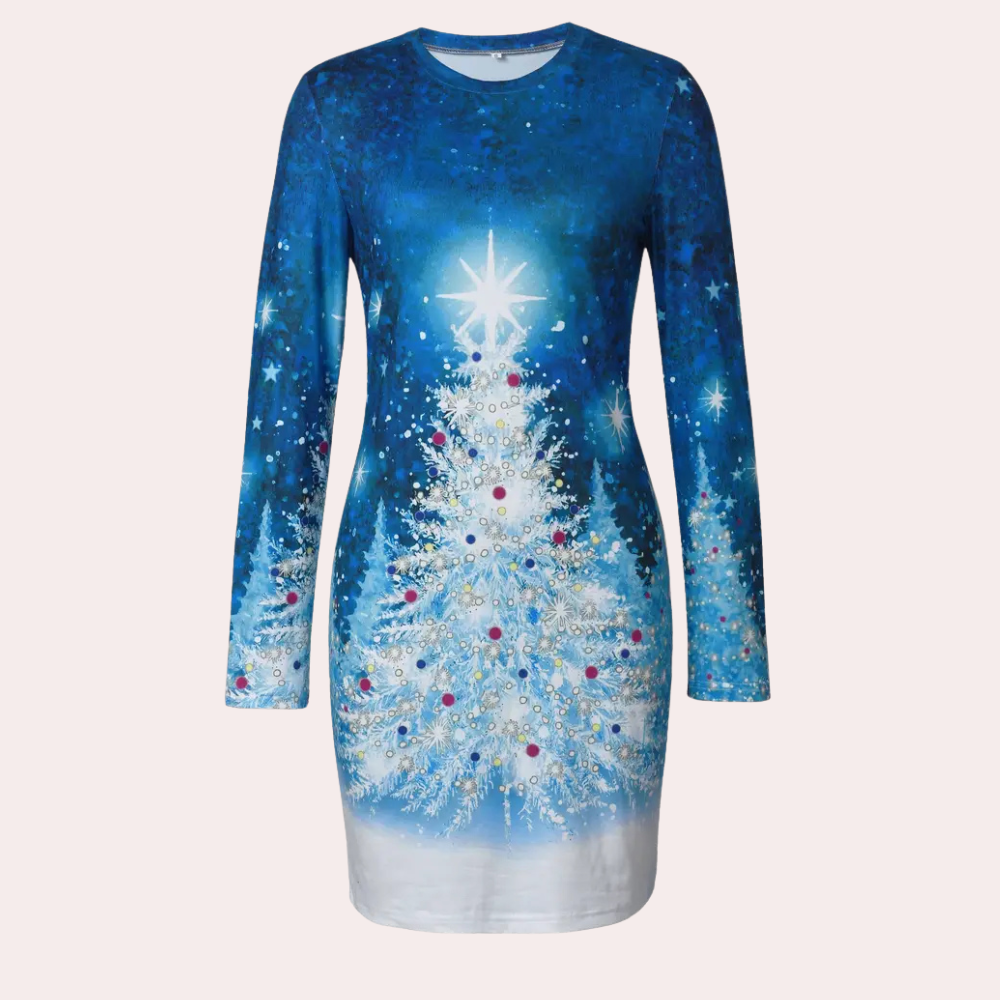 Blauwe kerstjurk met lange mouwen, versierd met een witte kerstboom en sterren. Perfect voor feestelijke gelegenheden. Comfortabele pasvorm.