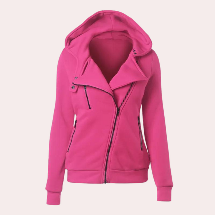 Roze dameshoodie met asymmetrische ritssluiting en capuchon, modieuze casual kleding, comfortabele pasvorm, ideaal voor dagelijks gebruik.