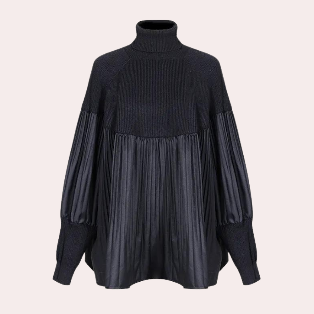 Zwarte oversized trui met hoge hals en geplooide leren mouwen, modieuze dameskleding, herfst-winter collectie, trendy en stijlvol design.