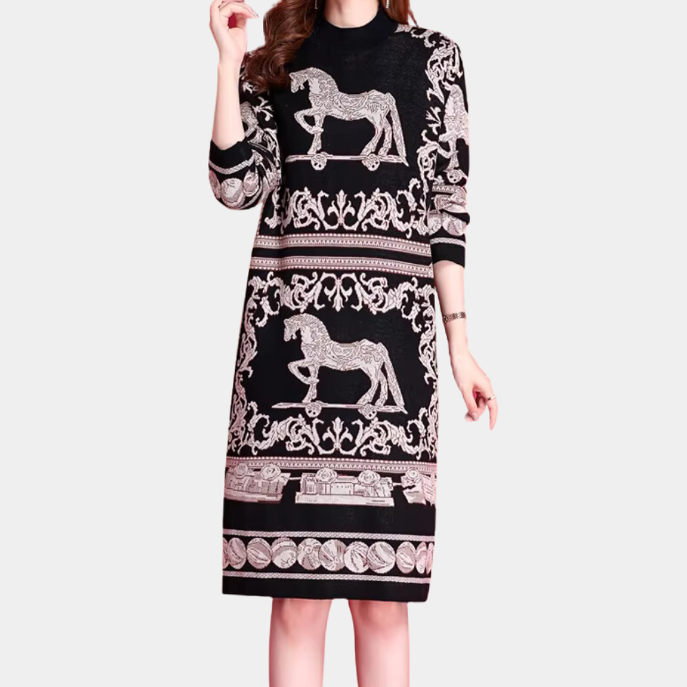 Zwart-witte jurk met lange mouwen, versierd met barokke patronen en paardenmotief. Elegante damesmode, geschikt voor formele gelegenheden.