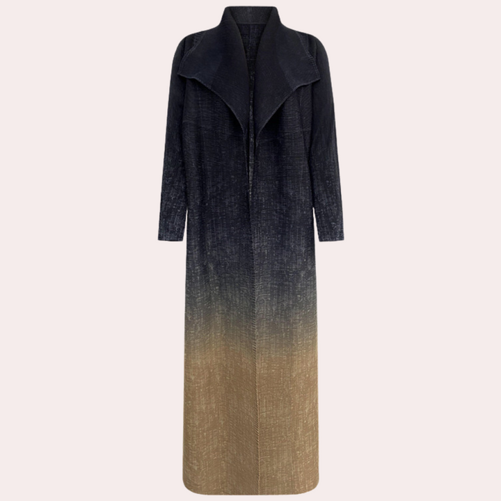 Lange damesjas met ombre-effect, zwart naar beige, elegante kraag, modieuze herfst- en winterkleding, trendy damesmode, stijlvolle lange jas.