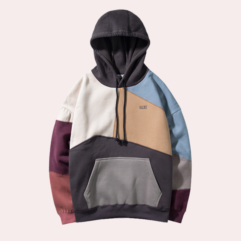 Kleurrijke patchwork hoodie met capuchon, zak aan de voorkant en merklogo. Modieuze unisex trui, ideaal voor casual streetwear.