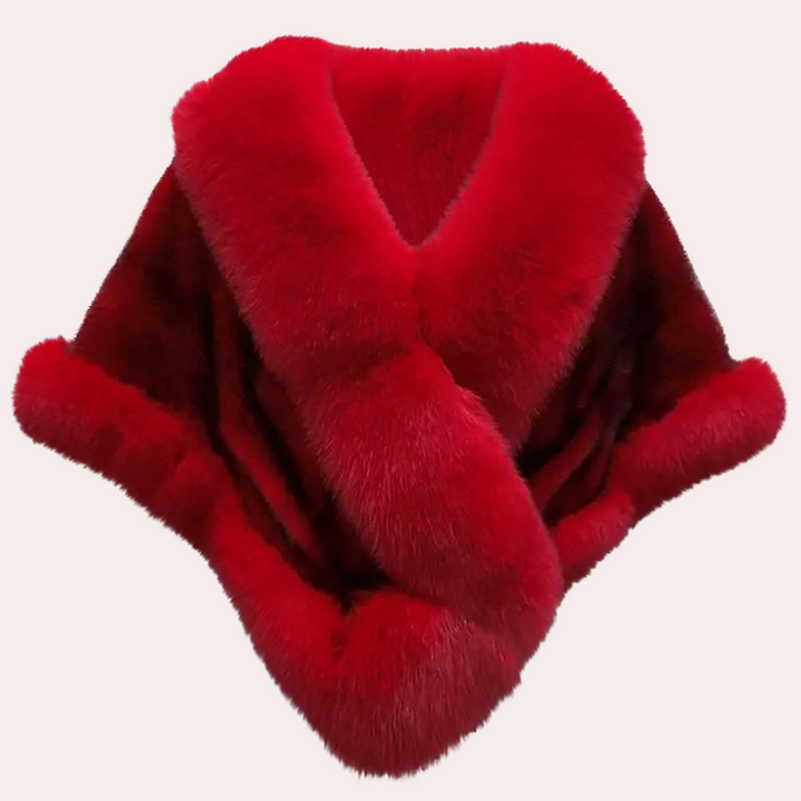 Rode bontkraag, luxe winteraccessoire, zacht en stijlvol, perfect voor koude seizoenen, modieuze dameskleding, warme en elegante uitstraling.