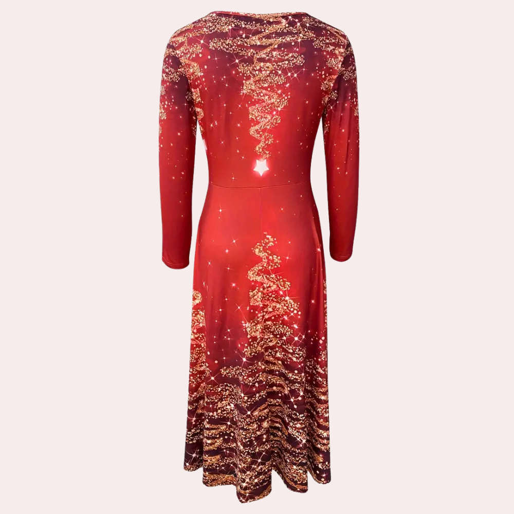 Rode jurk met lange mouwen en sprankelende gouden pailletten, feestelijke avondjurk, elegante damesmode, perfect voor speciale gelegenheden.