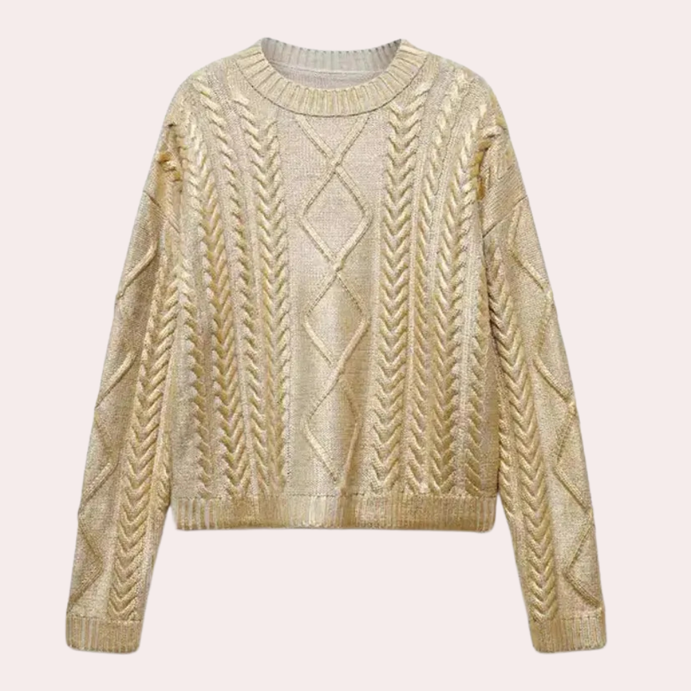 Beige kabeltrui dames, gebreid patroon, ronde hals, lange mouwen, casual wintermode, warme kleding, trendy dameskleding, comfortabele pasvorm.