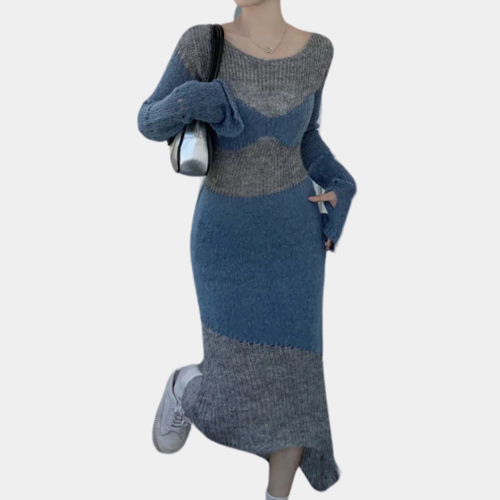 Grijze en blauwe gebreide jurk, lange mouwen, elegante damesmode, casual winterkleding, trendy outfit, comfortabele pasvorm.