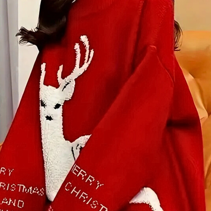 Rode kersttrui met wit rendiermotief en de tekst "Merry Christmas", ideaal voor feestdagen, wintermode, en kerstcadeaus.