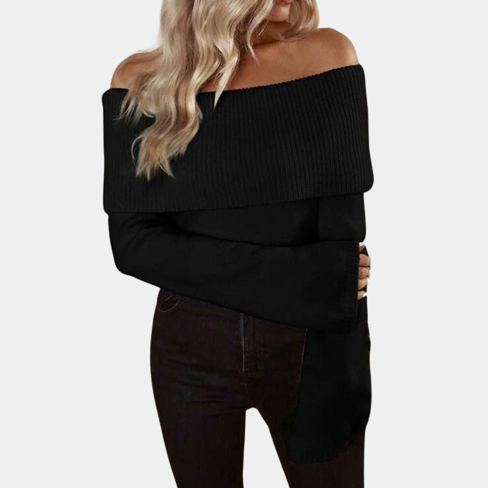 Vrouw in zwarte off-shoulder trui met lange mouwen, casual mode, herfstkleding, trendy dameskleding, stijlvolle outfit.