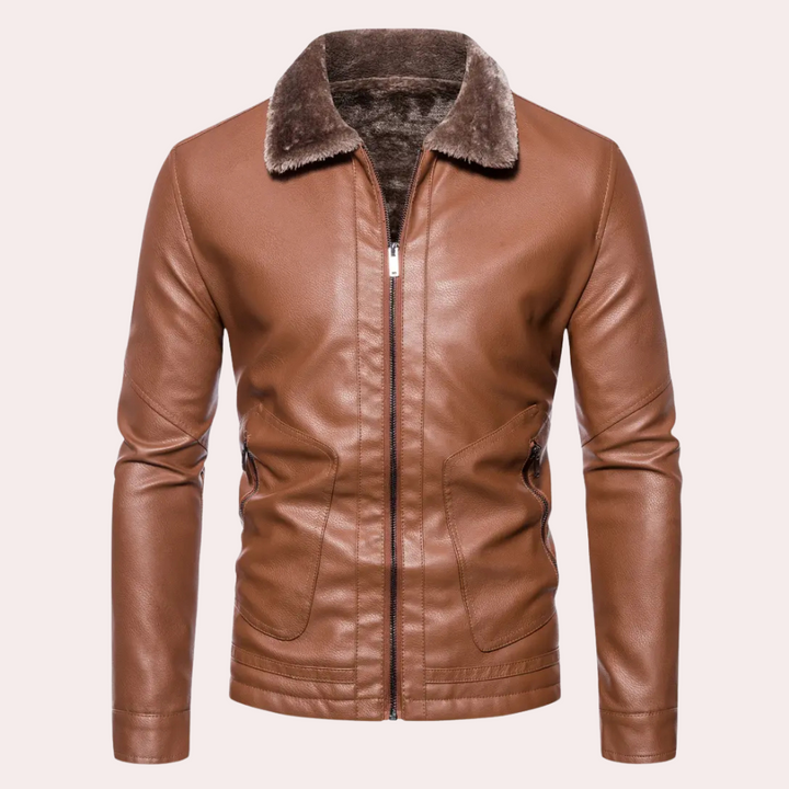 Bruin leren jas met bontkraag, herenmode, stijlvolle winterjas, rits, zakken, casual en elegant, perfect voor koude seizoenen.