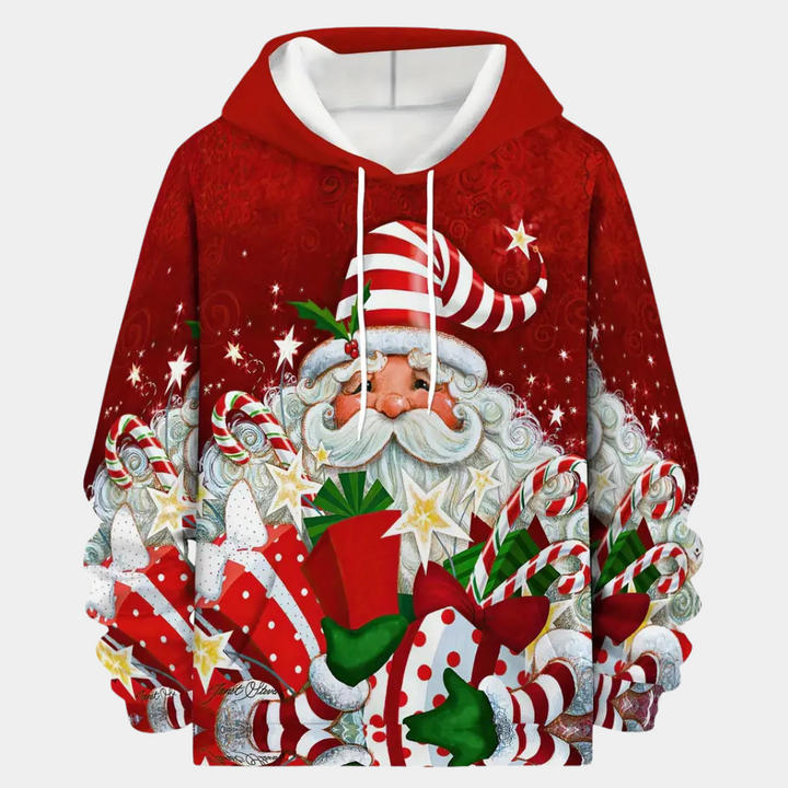 Kersttrui met kleurrijke kerstman, cadeaus en zuurstokken op rode achtergrond. Perfect voor feestdagen, wintermode en kerstcadeaus.