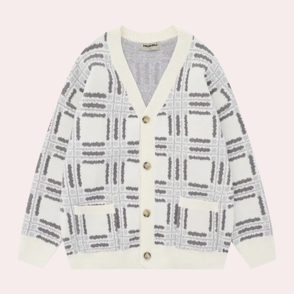 Wit gebreid vest met grijs ruitpatroon, V-hals en knoopsluiting. Trendy dameskleding, comfortabele en stijlvolle cardigan voor dagelijks gebruik.