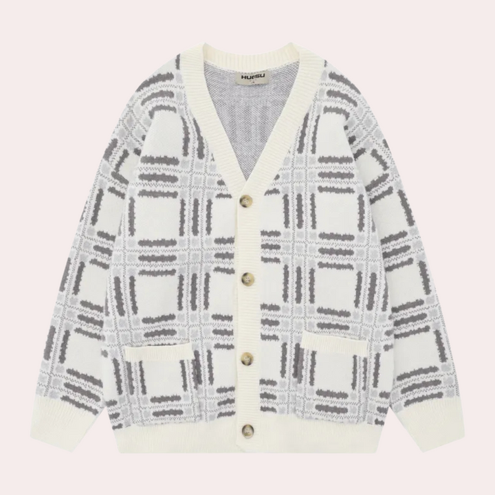 Wit gebreid vest met grijs ruitpatroon, V-hals en knoopsluiting. Trendy dameskleding, comfortabele en stijlvolle cardigan voor dagelijks gebruik.