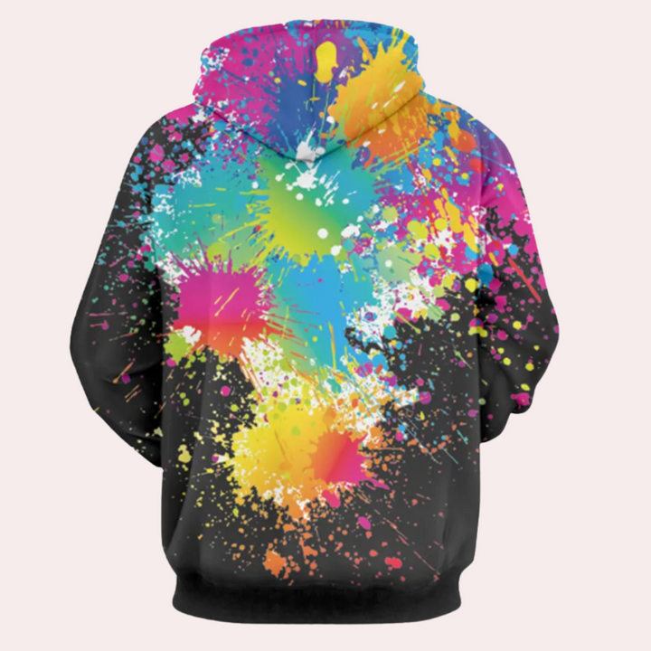 Kleurrijke hoodie met verfspetters, unisex design, ideaal voor streetwear. Comfortabele pasvorm, levendige kleuren, perfect voor modebewuste jongeren.