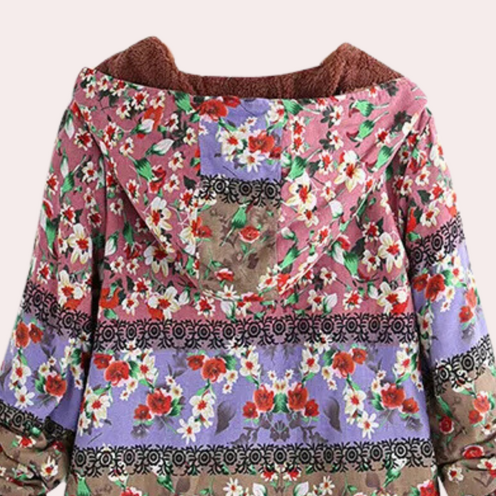 Bloemenprint hoodie met capuchon, kleurrijk ontwerp, roze en paarse strepen, warme voering, damesmode, herfst-winter kleding, trendy stijl.