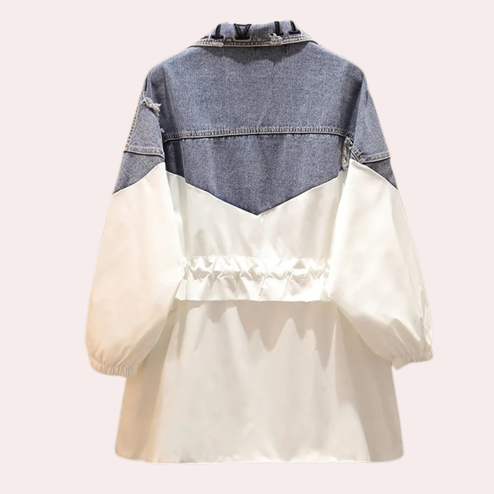 Spijkerjack met witte mouwen, damesmode, trendy denim jas, casual stijl, lange mouwen, contrastdesign, modieuze bovenkleding.