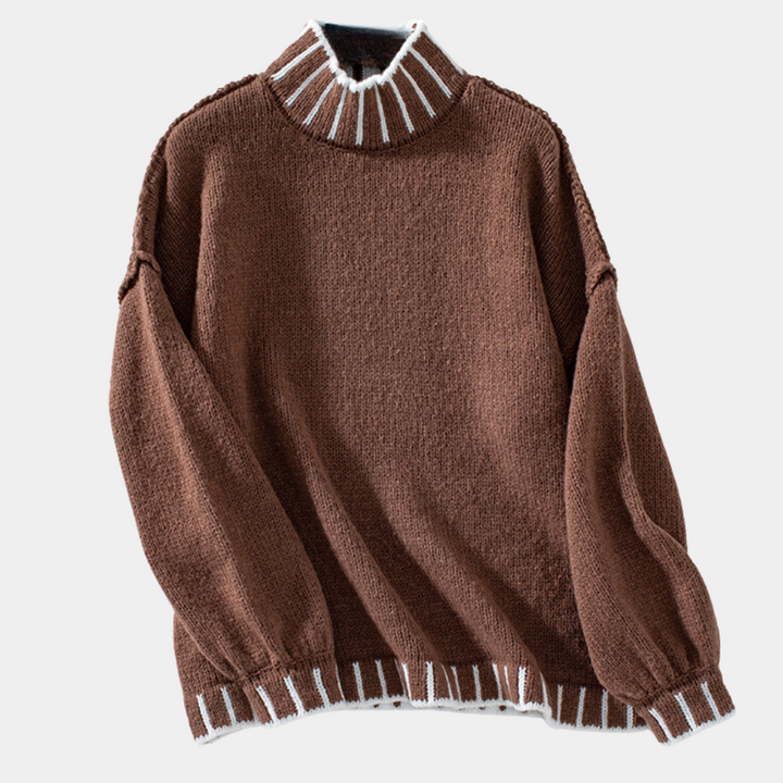 Bruine gebreide trui met col en witte accenten, lange mouwen, geschikt voor herfst- en wintermode. Comfortabele en stijlvolle dameskleding.