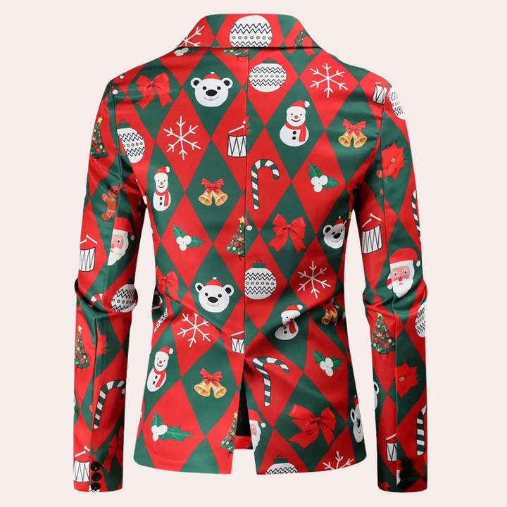 Rode en groene kerstblazer met feestelijke patronen zoals sneeuwpoppen, kerstbomen en cadeaus. Perfect voor kerstfeestjes en wintermode.