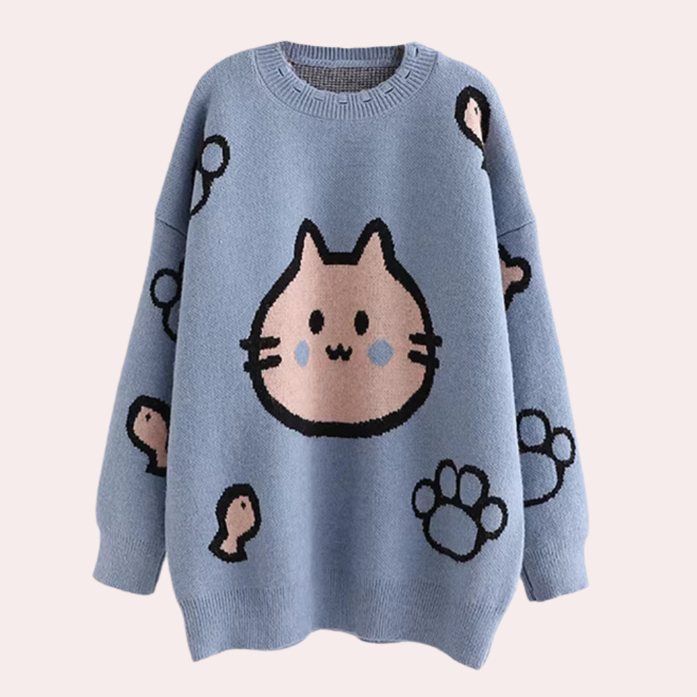 Blauwe trui met schattige kattenprint, pootafdrukken en visgraten, perfect voor kattenliefhebbers. Comfortabele, warme damestrui.