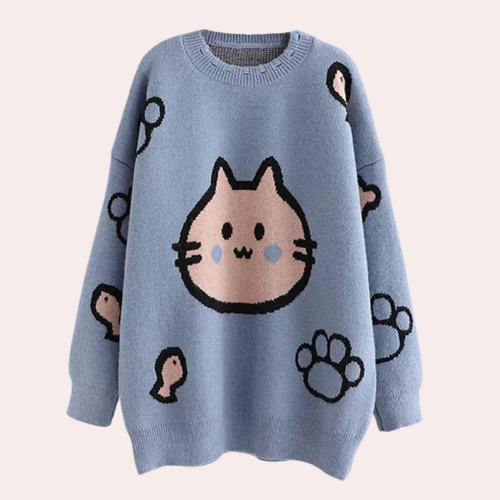 Blauwe trui met schattige kattenprint, pootafdrukken en visgraten, perfect voor kattenliefhebbers. Comfortabele, warme damestrui.