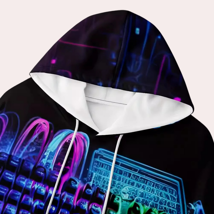 Neon hoodie met futuristisch ontwerp, kleurrijke lichtgevende patronen en toetsenbordprint. Perfect voor streetwear en cyberpunk mode.