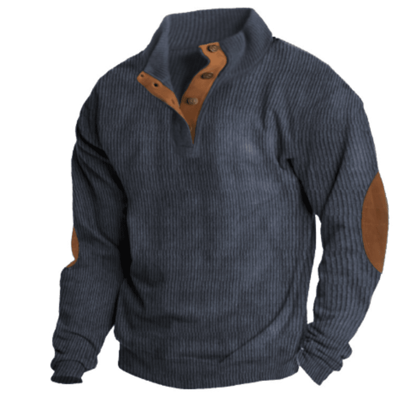 Donkergrijze geribbelde trui met bruine suède elleboogstukken en knoopsluiting, herenkleding, warme wintermode, stijlvolle casual outfit.