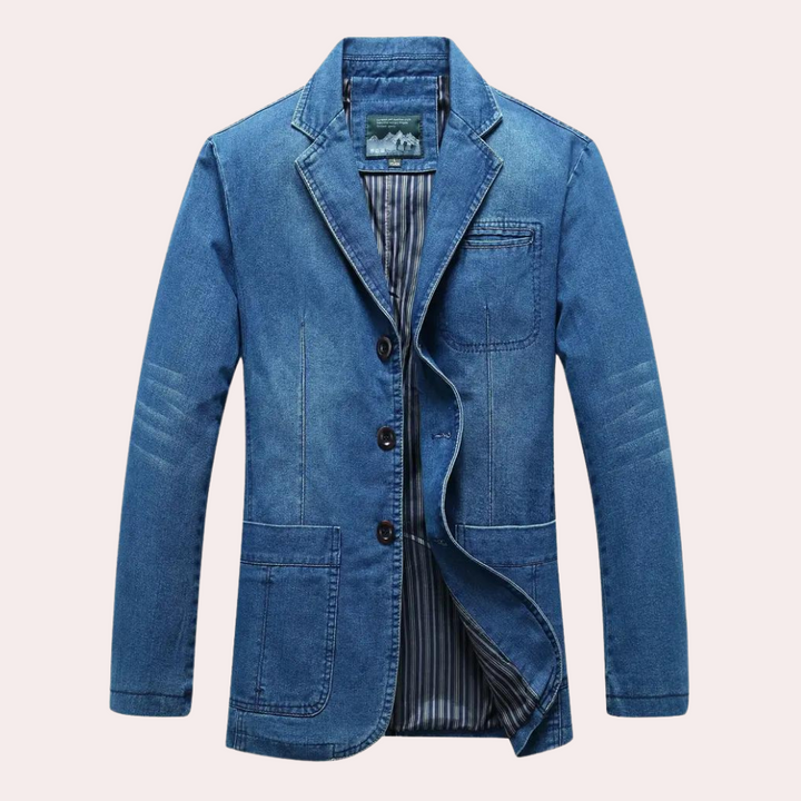 Blauwe denim blazer voor heren met drie knopen, gestreepte voering en opgestikte zakken. Stijlvolle casual jas, perfect voor modieuze outfits.