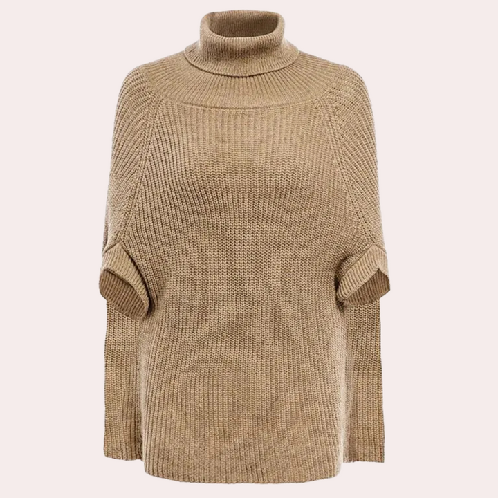 Beige gebreide coltrui voor dames, lange mouwen, casual wintermode, comfortabele warme trui, modieuze dameskleding, herfst-winter outfit.