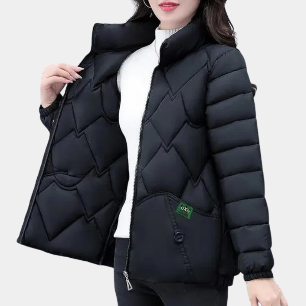 Dames winterjas zwart, gewatteerd met rits, hoge kraag en zakken. Modieuze en warme jas voor koude seizoenen. Perfect voor dagelijks gebruik.