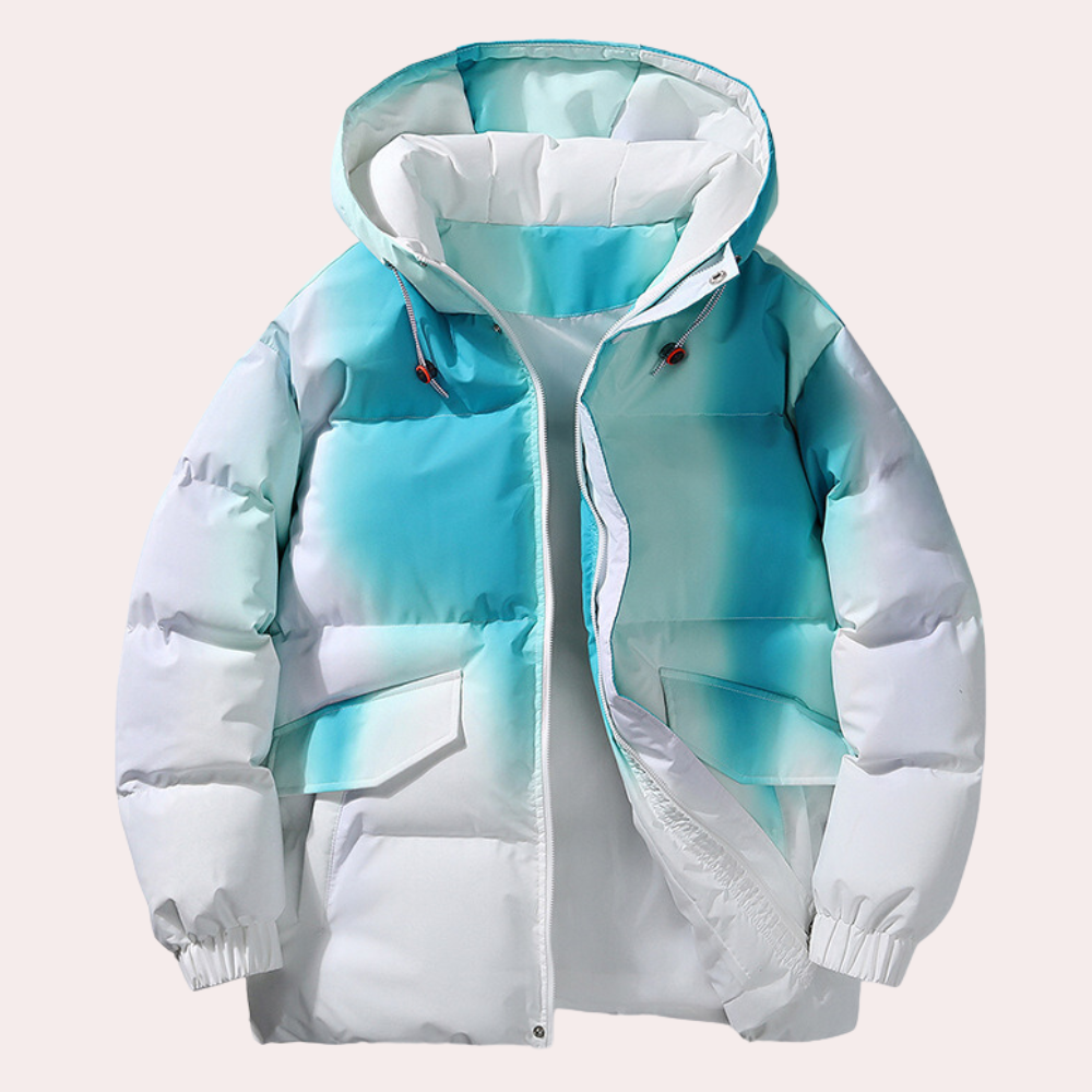 Witte en blauwe ombre winterjas met capuchon, gewatteerd ontwerp, ritssluiting en elastische manchetten. Trendy en warme herenmode.