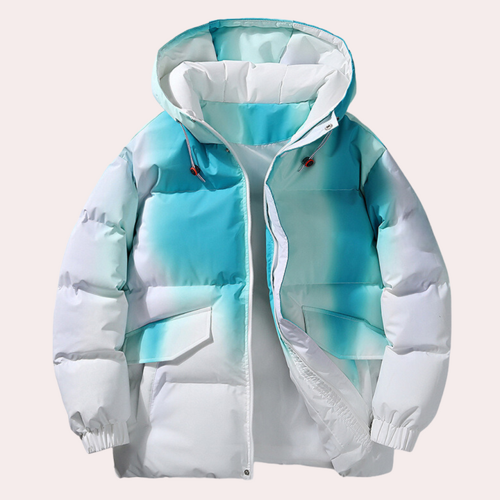 Witte en blauwe ombre winterjas met capuchon, gewatteerd ontwerp, ritssluiting en elastische manchetten. Trendy en warme herenmode.