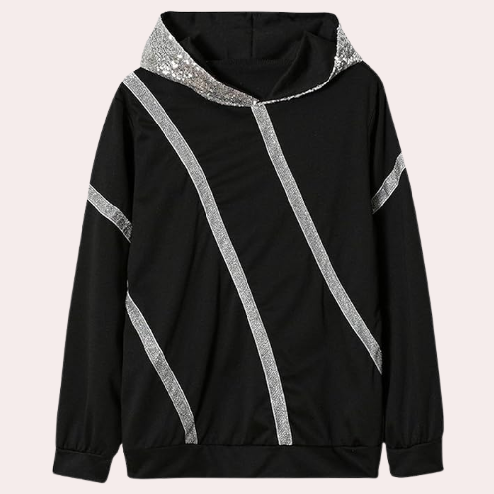 Zwarte hoodie met zilveren pailletten strepen, trendy streetwear, unisex mode, comfortabele pasvorm, casual stijl, perfect voor dagelijks gebruik.