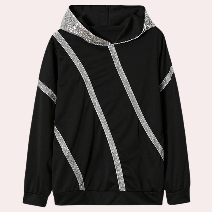 Zwarte hoodie met zilveren pailletten strepen, trendy streetwear, unisex mode, comfortabele pasvorm, casual stijl, perfect voor dagelijks gebruik.