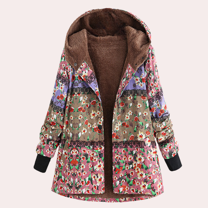 Dames winterjas met bloemenprint, gevoerd met bruine fleece, capuchon, kleurrijk design, warme jas voor koude seizoenen, modieuze dameskleding.