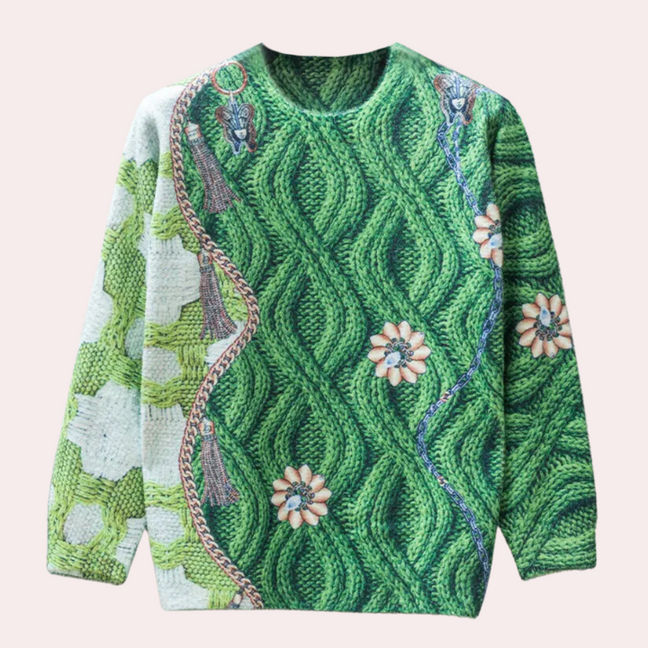 Groene gebreide trui met bloemmotief, kettingdetails en franjes, perfect voor herfstmode. Uniek design, warme en stijlvolle dameskleding.