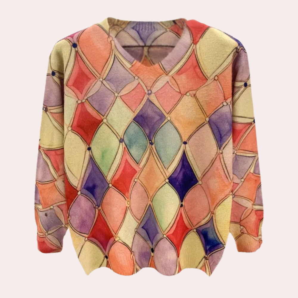 Kleurrijke trui met abstract ruitpatroon, aquarelstijl, lange mouwen, uniseks design. Perfect voor modieuze herfst- en winteroutfits.
