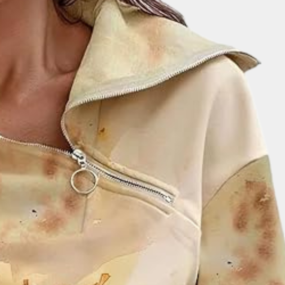 Beige damestrui met rits en opstaande kraag, modieuze casual kleding, herfststijl, comfortabele pasvorm, trendy design, damesmode.