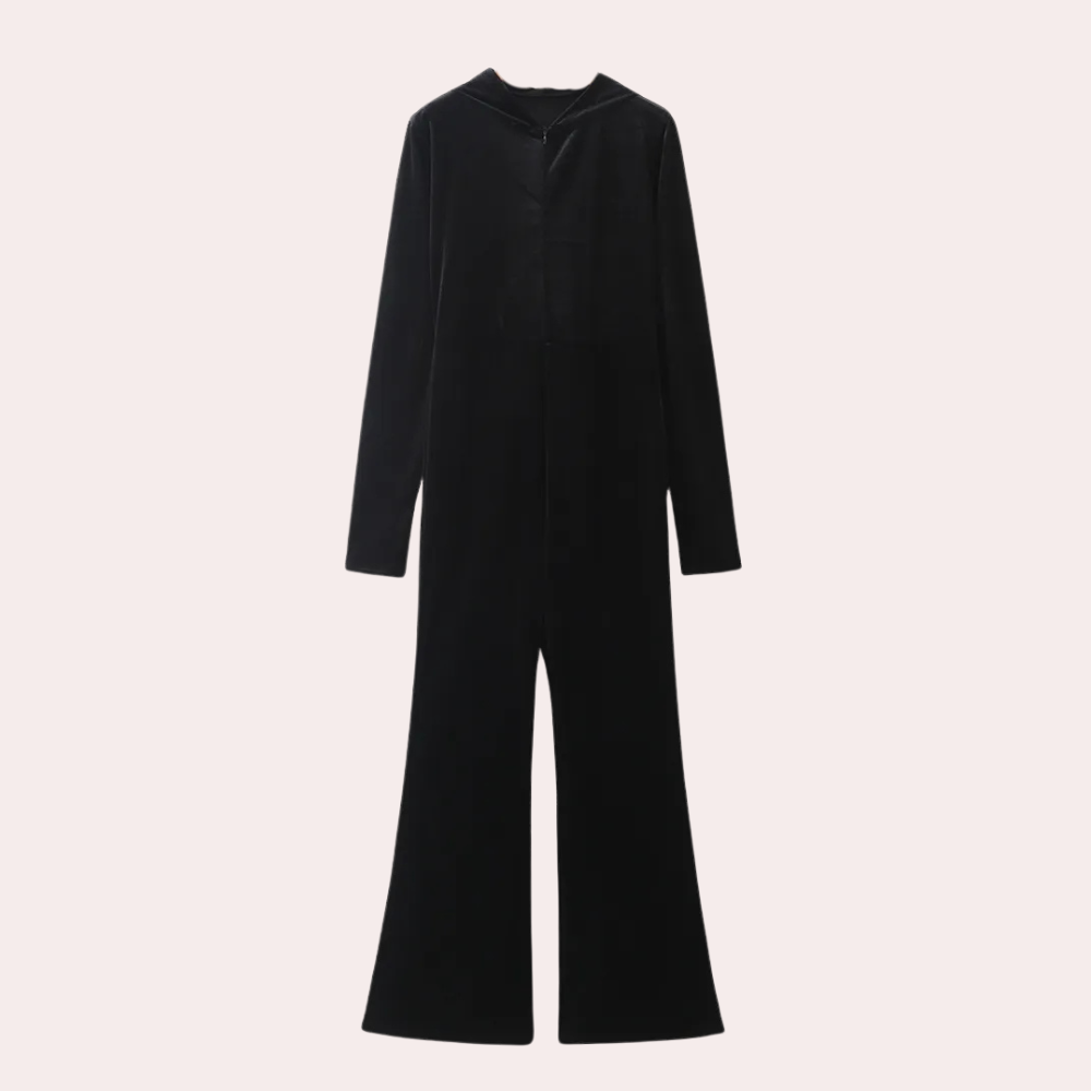 Zwarte fluwelen jumpsuit met lange mouwen en wijde pijpen, elegante dameskleding, geschikt voor avondkleding en speciale gelegenheden.