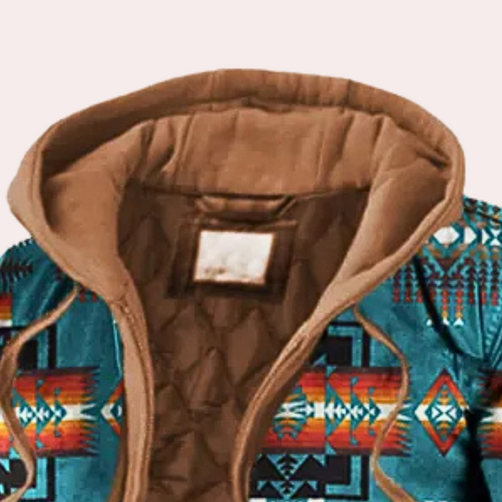 Blauwe Aztec-hoodie met kleurrijk geometrisch patroon, bruine voering en capuchon. Stijlvolle herenmode, warme winterkleding, etnisch design.