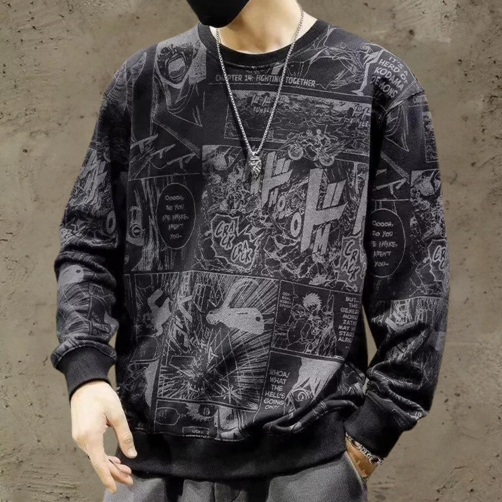 Zwart-wit manga sweatshirt met stripboekprint, unisex mode, casual streetwear, comfortabele pasvorm, trendy kleding voor jongeren.