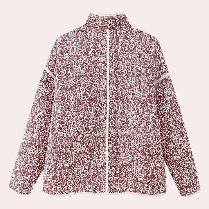 Roze en witte bloemenjas met lange mouwen, ritssluiting en opstaande kraag. Modieuze damesjas, ideaal voor lente en herfst.