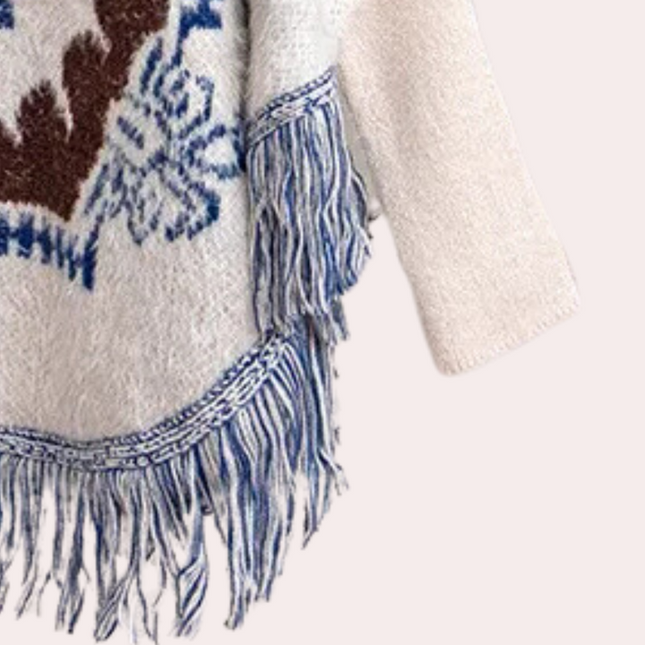 Wollen trui met blauwe en bruine gebreide patronen en franjes, boho-stijl, warme winterkleding, handgemaakt, etnisch design, damesmode.