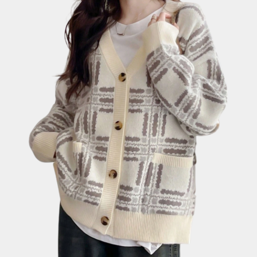 Dames gebreid vest met ruitpatroon, beige en grijs, houten knopen, casual stijl, perfect voor herfstmode, comfortabele pasvorm.