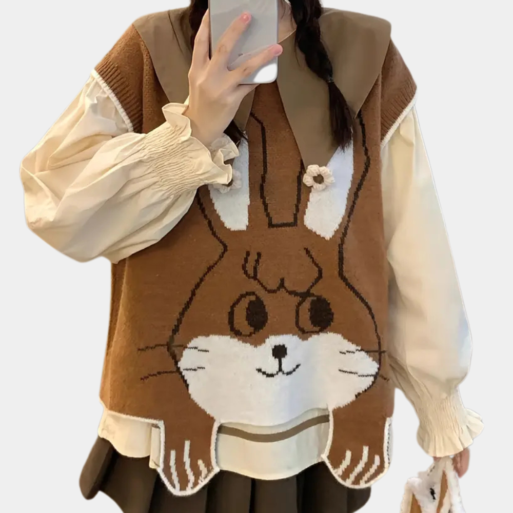 Damestrui met schattig konijnendesign, bruine en beige kleuren, lange mouwen, casual stijl, perfect voor herfstmode en comfortabele outfits.