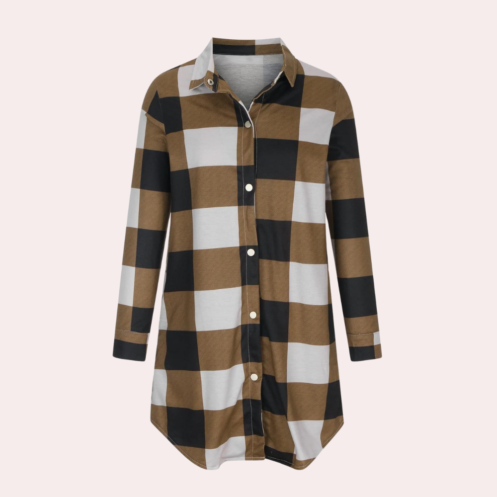 Bruin-zwart geruite damesoverhemdjurk met lange mouwen en knoopsluiting, ideaal voor casual en modieuze outfits. Perfect voor herfst- en wintermode.