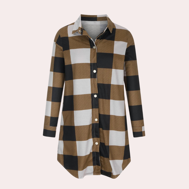 Bruin-zwart geruite damesoverhemdjurk met lange mouwen en knoopsluiting, ideaal voor casual en modieuze outfits. Perfect voor herfst- en wintermode.